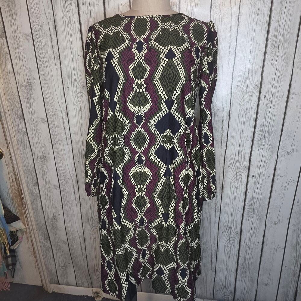Jude Connally Snakeskin Print Long Sleeve Shift Dress Purple Green Size Large